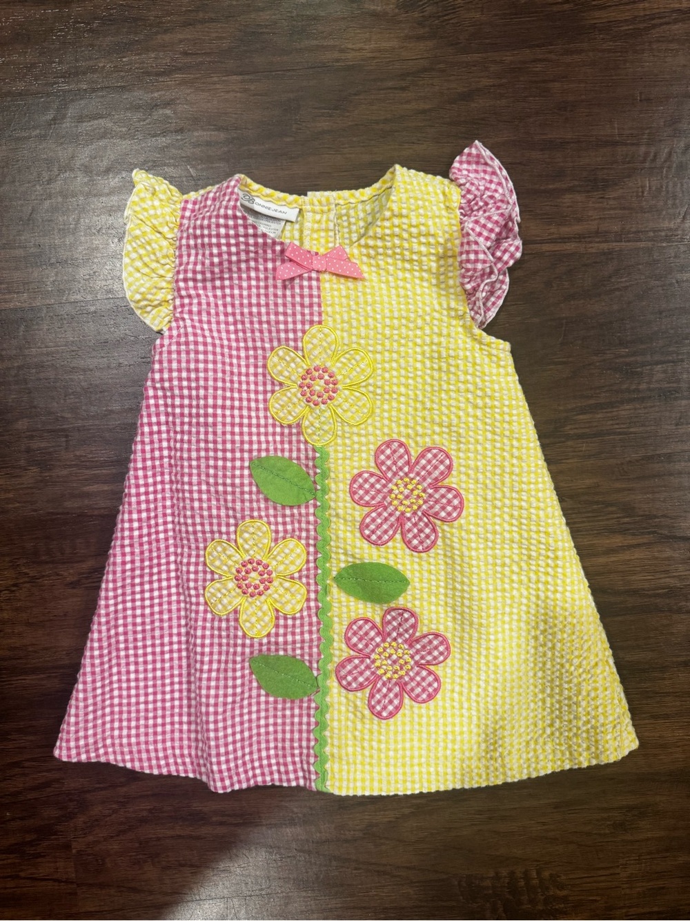 Bonnie Jean Pink & Yellow Gingham Flower Appliqué Dress